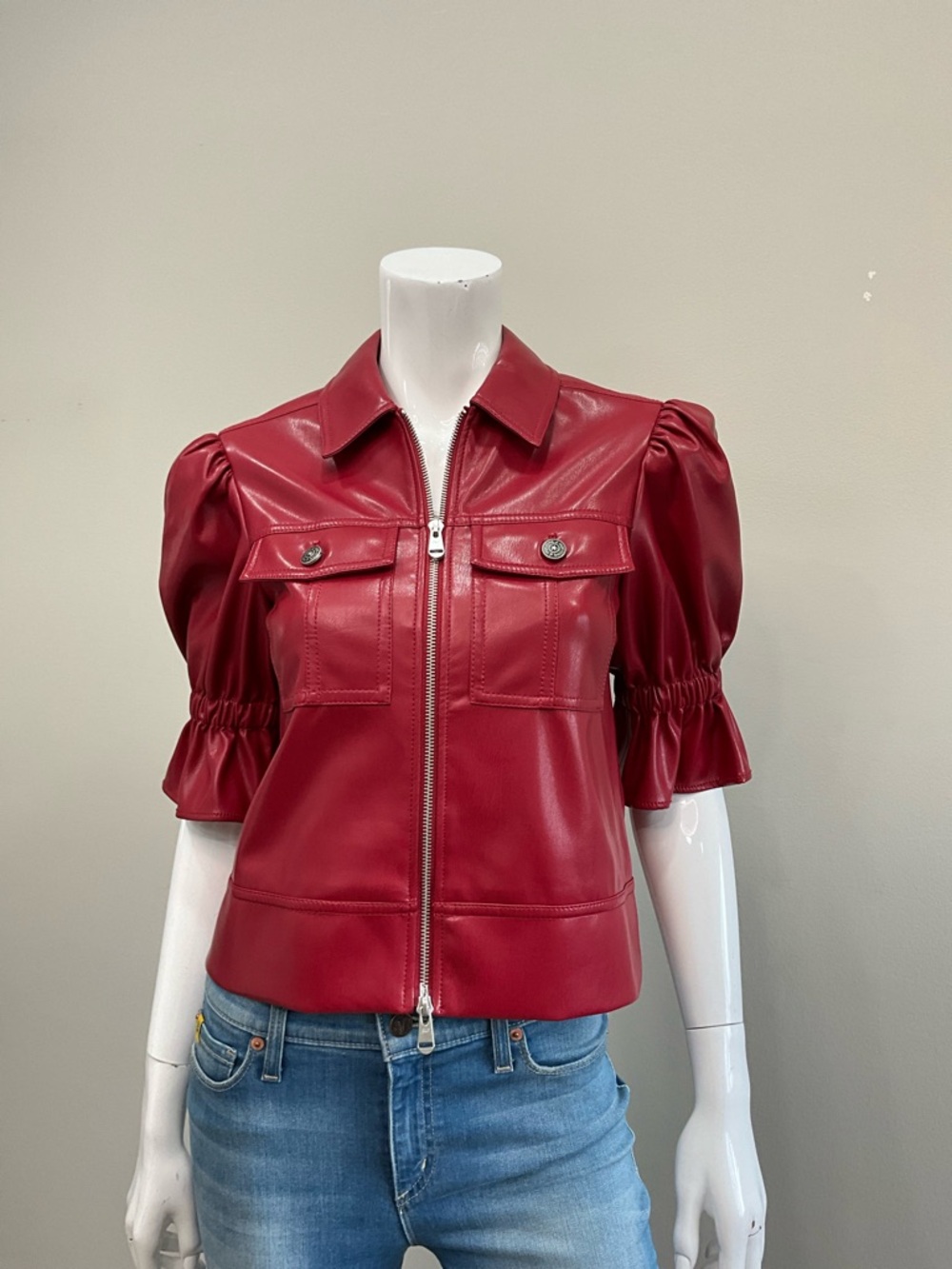 CINQ À SEPT Red Vegan Leather Puff Sleeve Zip Jacket Holly XXS